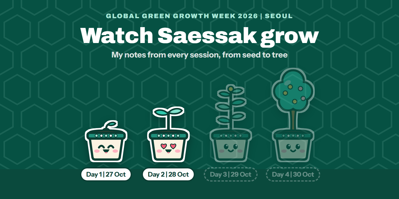 Saessak grows a little each day of GGGW 2026, from a seed on Day 1 to a tree on Day 4